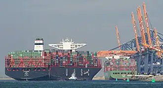 Cargo ships loaded with shipping containers near cranes at a port