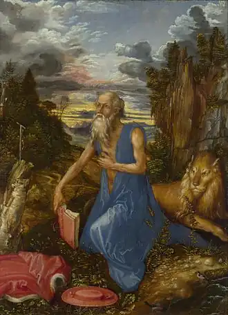St Jerome in the Wilderness, c. 1496, oil on pearwood, 23.1&nbsp;×&nbsp;17.4&nbsp;cm, National Gallery, London (NG6563)
