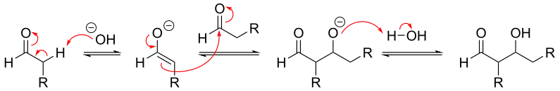 Simple mechanism for base-catalyzed aldol reaction of an aldehyde with itself