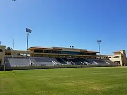 Alex G. Spanos Stadium press box and skyboxes, pictured prior to the renovation of the field surface