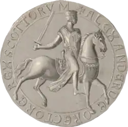 Reverse side of the circular seal used by Alexander the Second, showing the King, in full armour, seated on horseback. The upright Lion symbol is shown upon both the saddle and the shield held by the King.