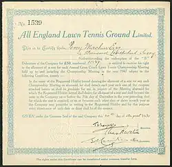 Image 8Debenture of the All England Lawn Tennis Ground Ltd., issued 20th August 1930 (from Wimbledon Championships)