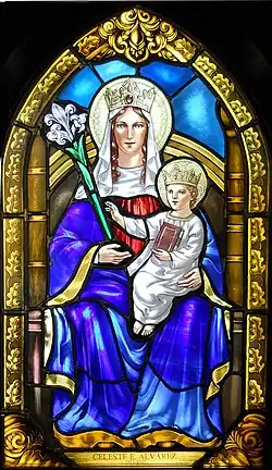 A stained glass window featuring Our Lady of Walsingham. All Saints Episcopal Church, Jensen Beach, Florida
