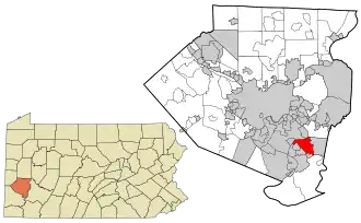 Location of McKeesport in Allegheny County, Pennsylvania (right) and of Allegheny County in Pennsylvania (left)