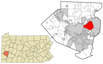 Location of Allegheny County in Pennsylvania (left) and of Penn Hills in Allegheny County (right)