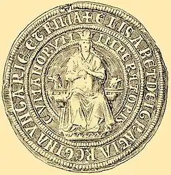 A seal depicting a crowned woman who sits on a throne