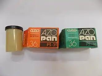 Packaging of black and white panchromatic negative films (cardboard and plastic boxes), Azopan PS-18 and PS-21 with 36 frames