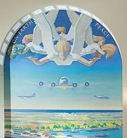 A painting of an ocean. The sky is blue, and an airplane is in the center of the image, flying towards the camera. An island sits in the ocean to the bottom of the image, and angels sit at the top of the image.