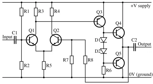 An electronic circuit diagram including resistors, capacitors, transistors and diodes