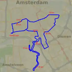 Map of Amsterdam with the route drawn in
