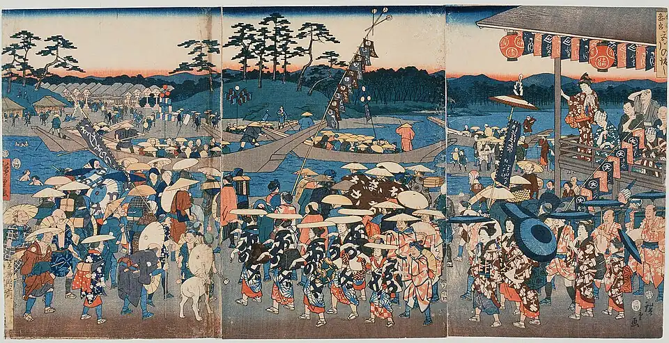 A boarding place for a ferry on the Miya River, which is crowded with people visiting Ise Grand Shrine. By Hiroshige