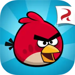 A square-shaped game image of an angry, limbless red cartoon bird on a blue outwards-striped background. The Rovio Entertainment logo is inside a white banner located in the top right corner.
