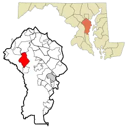 Location of Odenton in Anne Arundel County, Maryland (left) and in Maryland (right)