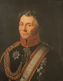 Painting shows a curly-haired man in a very dark military coat with a high collar and awards.