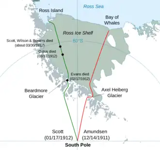 Map of a segment of Antarctica, identifying the polar marches of Scott and Amundsen.