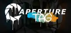 Steam artwork of Aperture Tag, featuring the logo of Aperture Science on the left and Aperture Tag written on the right