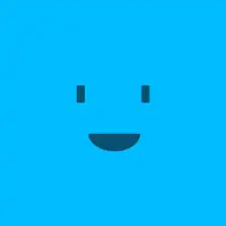 A blue square has a smile, which is composed of two short rectangles and a semicircle.