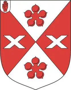 Coat of arms of the Agnew baronets (1895) with the badge of a Baronet of the United Kingdom (Red Hand of Ulster) in canton