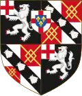 Quarterly 1st and 4th Sable a lion rampant on a canton Argent a cross Gules; 2nd and 3rd quarterly Argent and Gules in the 2nd and 3rd quarters a fret Or overall on a bend Sable three escallops of the first and as an augmentation in chief an inescutcheon, Argent a cross Gules and thereon an inescutcheon Azure, three fleurs-de-lis Or. Arms of Churchill.[8]
