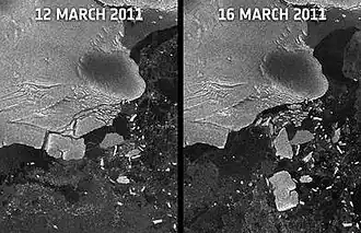 Two satellite images taken four days apart showing new icebergs forming