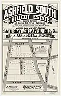 Ashfield South Hillcot Estate, 1912, Richardson and Wrench, Hanks St, Wattles St, Mount St, Hardy St, Old Canterbury Rd, lithograph William Brooks and Co.