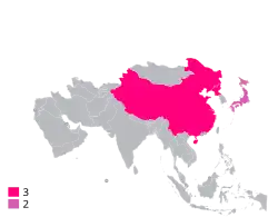 Map shows the number of country which won the tournament by using colour indicator (1990–present).