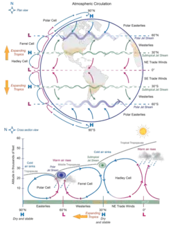 Two diagrams showing the vertical and horizontal structure of the global atmospheric circulation highlighting the effect of climate change