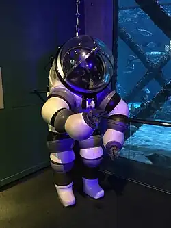Atmospheric diving suit on display.