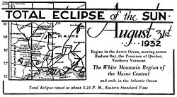 A notice titled "Total eclipse of the sun : August 31st 1932" with a map of Maine