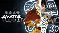 An illustration split in two, showing the young boy Aang and the young woman Korra in the "avatar state", with their eyes, and Aang's tattoos, glowing brightly.
