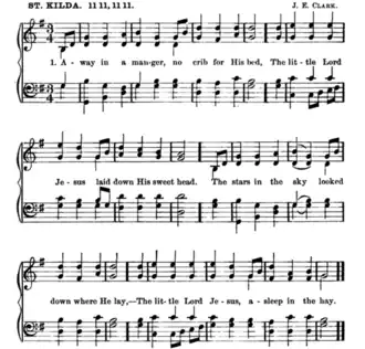 First known musical setting to be published with the carol, from "Little children's book" (1885).