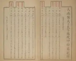 A Vietnamese calendar issued for the year Bảo Đại 19 (1944) showing all the national holidays and observations of the Nguyễn dynasty.