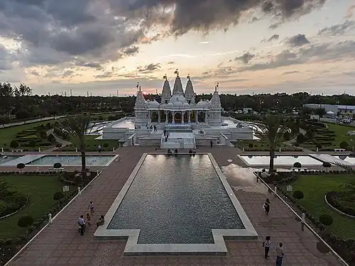 Mandir and the reflection pond (front, aerial view)[28]