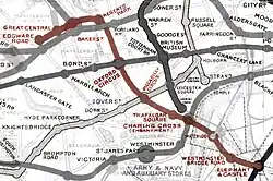 Extract from an historic map of the central London Tube railways, showing the Baker Street and Waterloo Railway highlighted