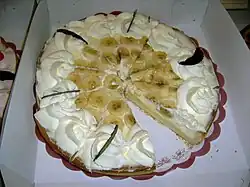 A banana cake garnished with sliced banana