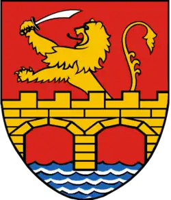 Coat of arms of Banat (the bridge) and Oltenia (the lion rampant) from 1992.