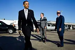 Barack Obama says goodbye to former President George H. W. Bush and former Secretary of State James A. Baker, 2009