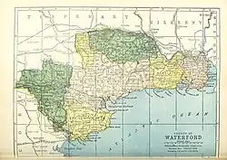 Barony map of County Waterford, 1900; Decies-without-Drum is coloured pink, in the centre.