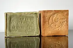 Traditional Marseille soap (left) and Aleppo soap (right)