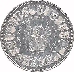 Cockatrice in center surrounded by legend and date. Denomination below. Shields of the Swiss cantons along edge.