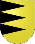 Municipal arms of Bassecourt (Switzerland): Or, three piles issuing from dexter sable. A pile can also issue from the sinister.