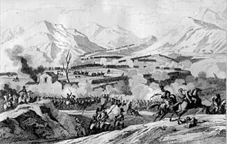 A black-and-white drawing of the Battle of Rivoli. A skirmish is underway on the ground, and mountains rise in the background, along with plumes of smoke.