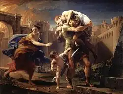 Image 40Eighteenth century painting by Pompeo Batoni depicting Aeneas fleeing from Troy. Aeneas carries his father. (from Founding of Rome)