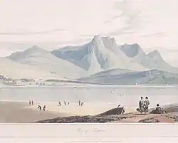 Coloured aquatint on paper of mountains behind a loch with people in the foreground