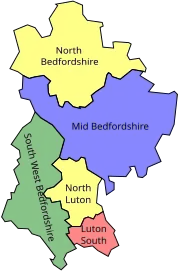 Map of parliamentary constituencies in Bedfordshire 1983–1997