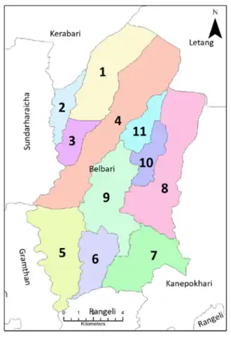 Map of the village development committees in Morang District