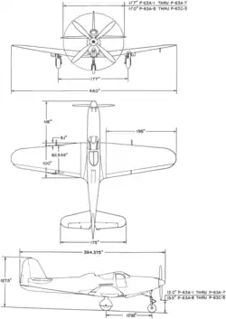 3-view line drawing of the Bell P-63A Kingcobra