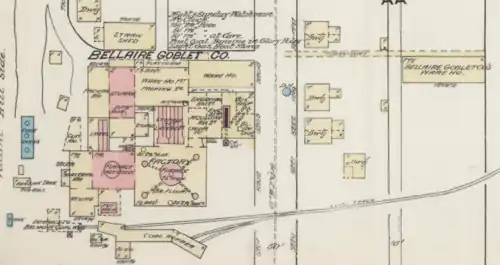 map of large glass works with storage and railroad track for coal
