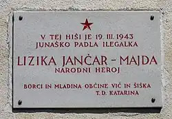 Plaque commemorating Lizika Jančar (1919–1943)