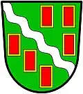 a bendlet—Vert; a bendlet wavy argent between six billets gules, each fimbriated or—Stroud Urban District Council, England